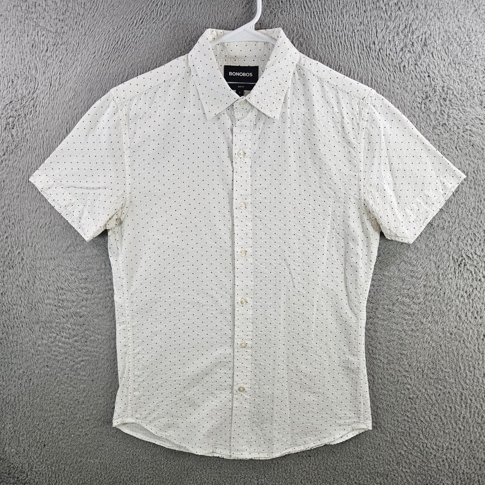 Bonobos Mens Slim Fit Short Sleeve Polka Dot Button Down Shirt White Blue Small